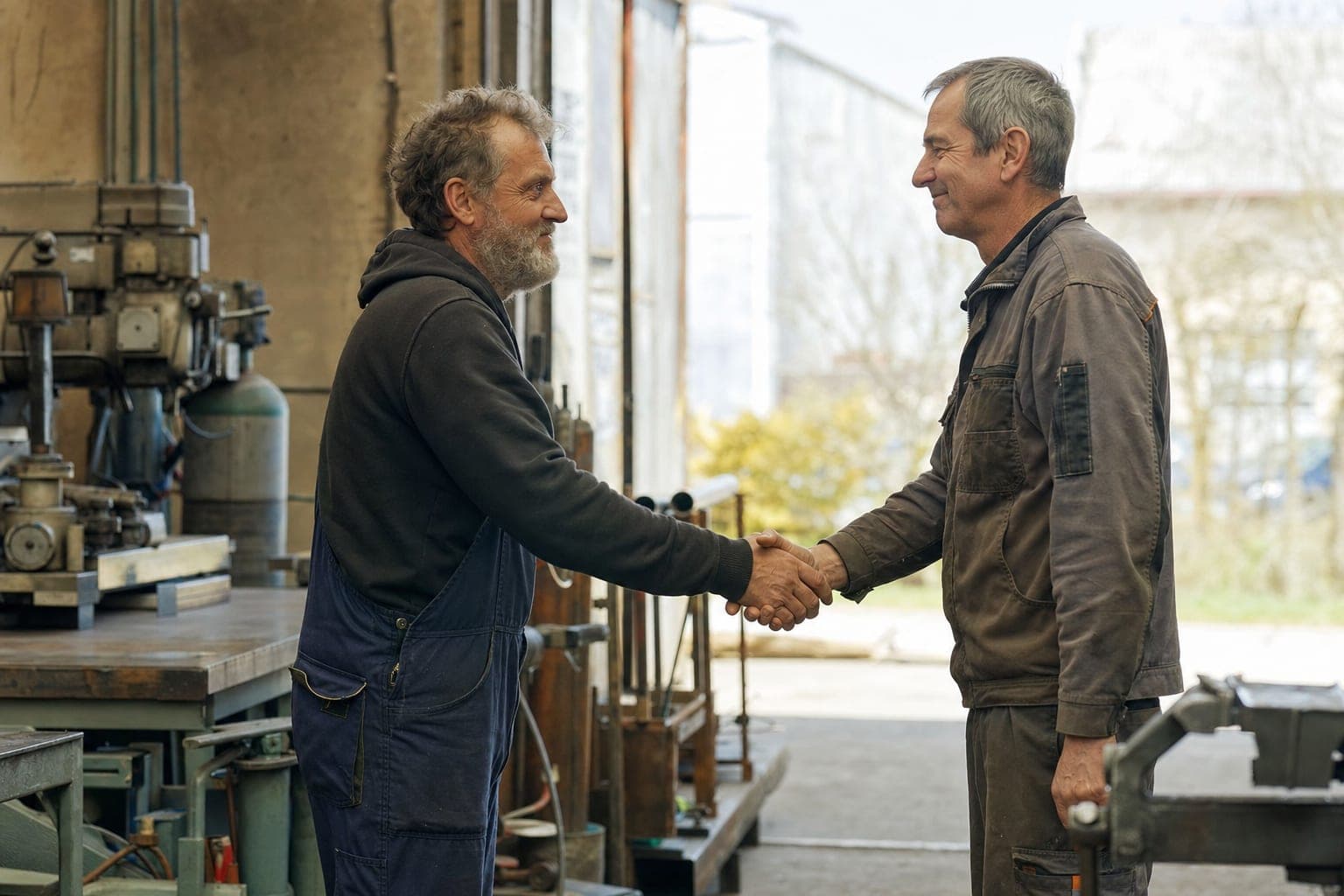 Handschlag zwischen zwei Handwerkern in der Werkstatt